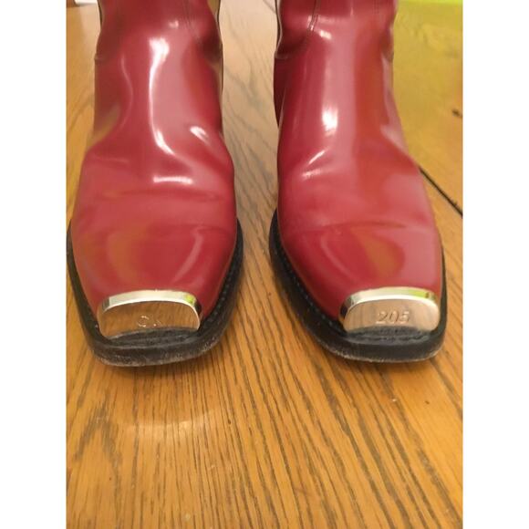 Calvin Klein 205W39NYC × Raf Simons Red Leather Gray Stripe Western Cowboy Boots - Picture 3 of 7